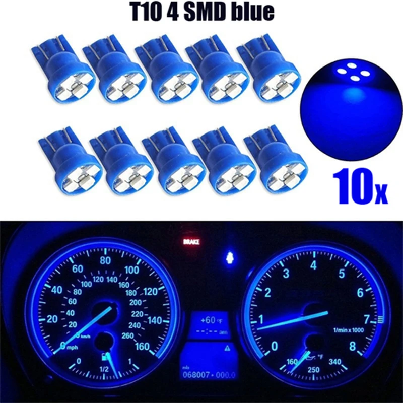 10pcs/set Car Instrument Lamp Light Bulbs T10 4SMD 1210 LED Wedge Dashboard Gauge Cluster Light Bulb Blue LED Light Car Light