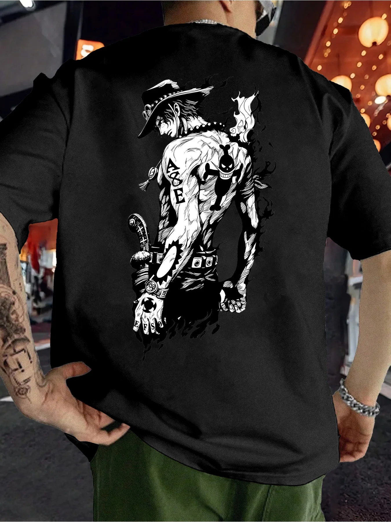 

One Piece Ace T-Shirt Black Anime Graphic Tee Portgas D Ace Back Print White Logo Cotton Shirt Skull Tattoo Design