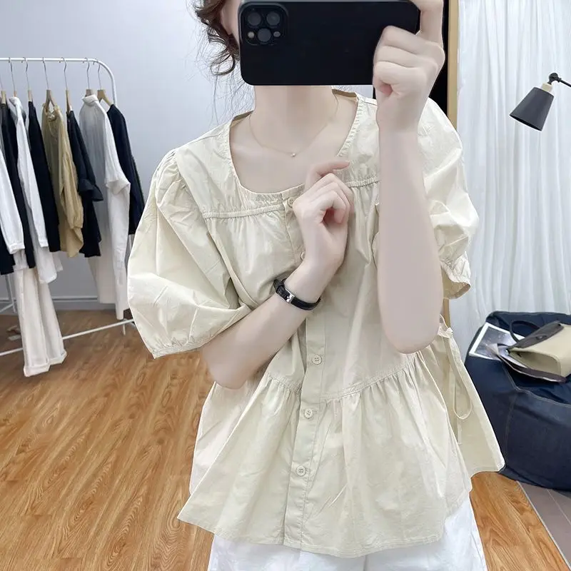 

Solid Color Pure Cotton Short Sleeves Shirt for Women Summer Casual Loose Splicing Youthful Sweet Tops Fashion Women Clothing