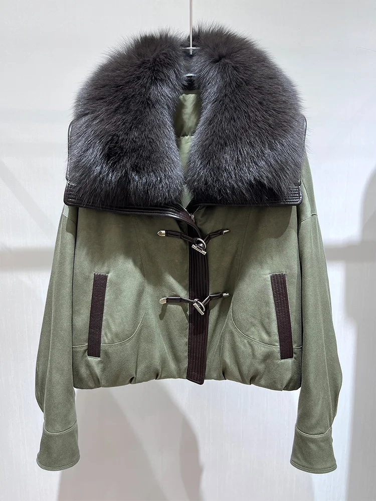 Moda inverno quente real ganso para baixo jaquetas gola de pele de raposa natural puffer jaquetas grosso feminino parka denim outwear