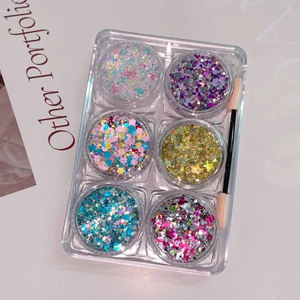 6Pcs/Set Diamond EyeShadow Glitter Eye Shadow Star Heart Moon Shape Long-Lasting Body Glitter Gel Colorful Sparkly