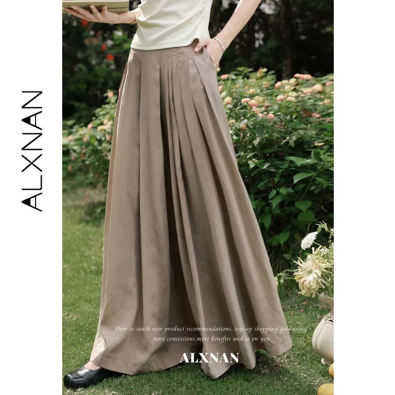ALXNAN Women's High Waist Wide Leg Pants Khaki Elastic Waist Pleated Drapey Loose-fit Ladies Summer Casual Long Trousers L65039