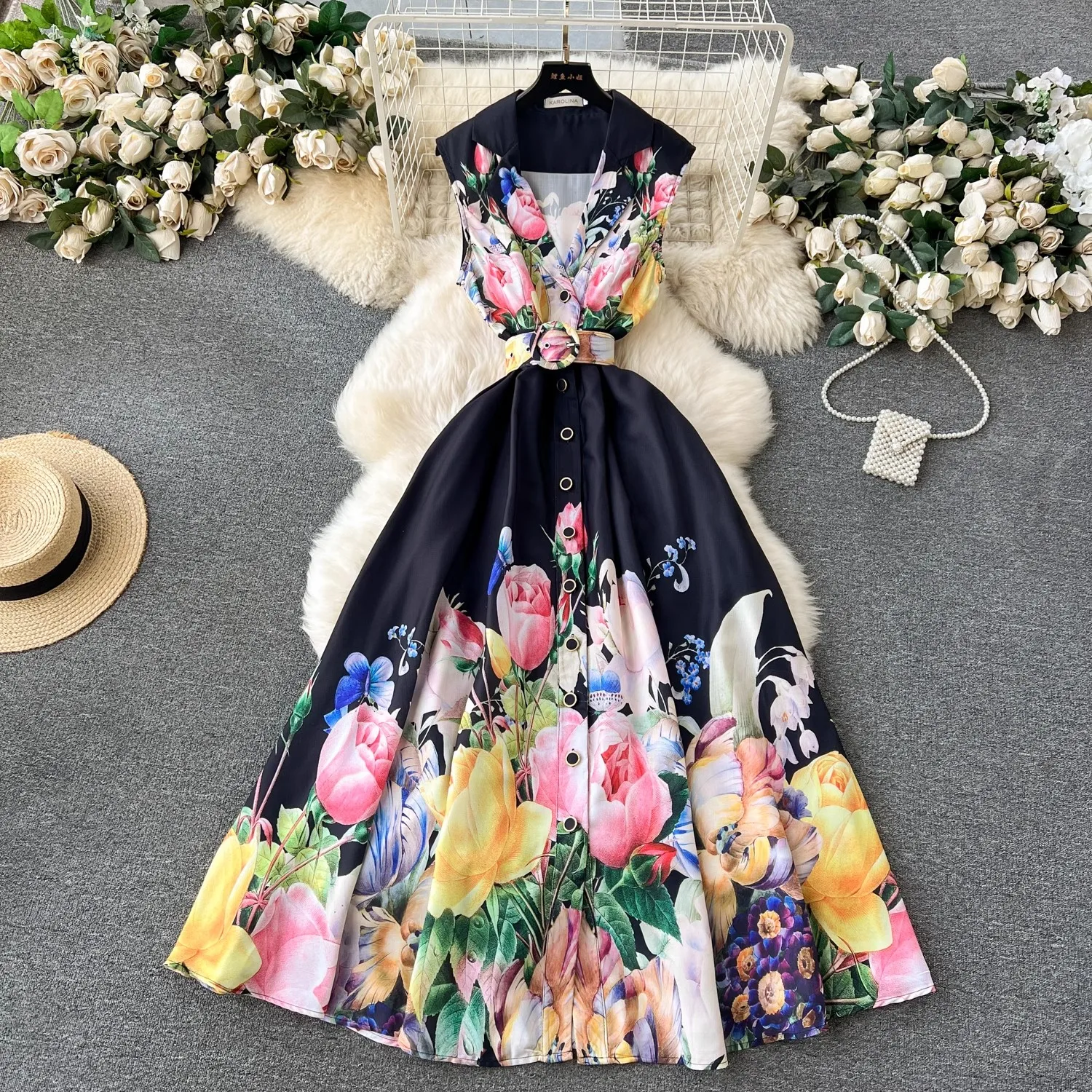 2024 Summer Holiday Beach Dress Women\'s Notched Collar Sleeveless Single Breasted Floral Print Belt Long Boho Party Vestido 6389