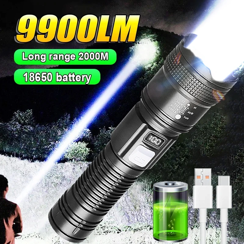 9900LM Powerful LED Flashlight Battery Display USB Rechargeable Light Telescopic Zoom Torch Lamp Outdoor Camping Fishing Lantern