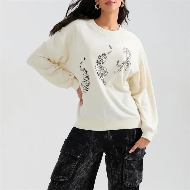 FUFUCAILLM Women Sweatshirts Tiger Print Workout Long Sleeve Pullovers Loose Casual Top Fall Hoodies Streetwear Sweatshirts 2024