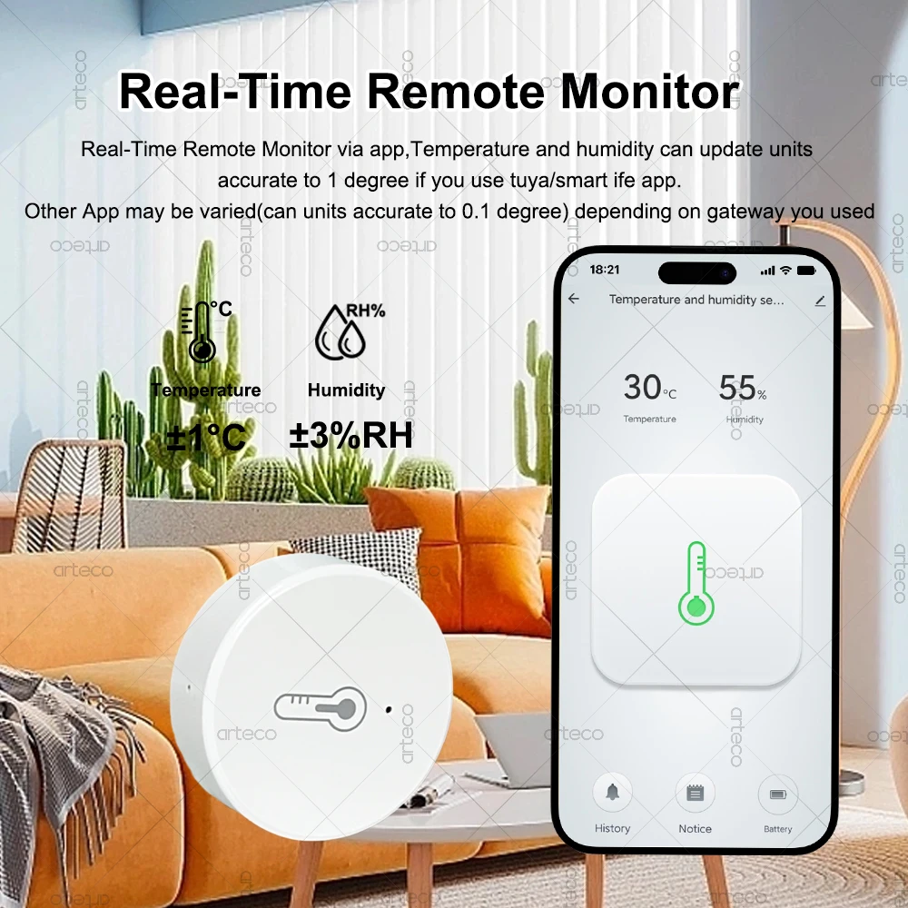 Zigbee 3.0 Temperature And Humidity Sensor Remote Monitor By Smart Life APP Battery Powered Works With Alexa Google Home Z2M