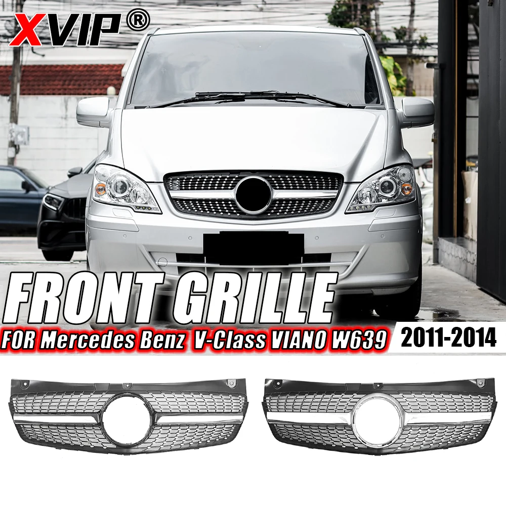 XVIP Chrom-Silber-Diamant-Stil-Stoßstangengrill für Mercedes Benz V-Klasse VIANO W639 2011–2014, oberer Grill im schwarzen Diamanten-Stil