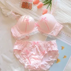 Japanese Girl Lingerie Candy Colored Lace Bra Set With No Steel Ring Gathered Cute Lolita Girl Attractive Chest Suspendersv Sexy