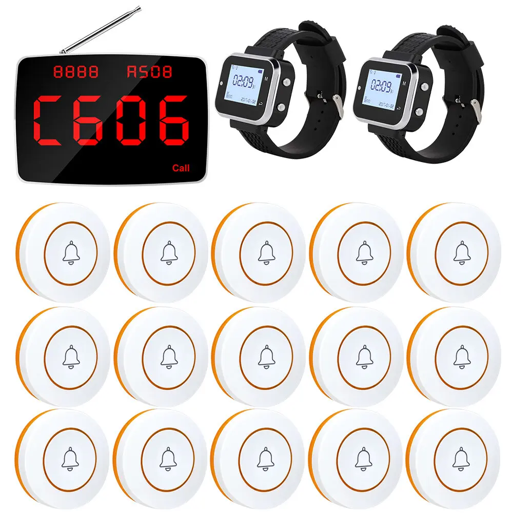 Service Wireless Restaurant Pager Set 15 Call Buttons 2 Watch Pager Receivers Emergency Call for Dental Clinic Coffee Shop Hotel