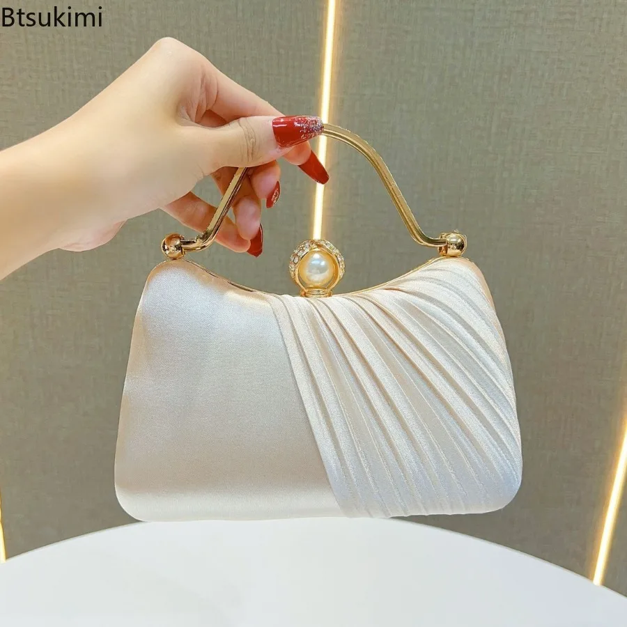 Fashion Satin Pleated Design Evening Bags Shiny Rhinestone Decor Ladies Romantic Wedding Clutch Bag Formal Prom Party Dress Bags