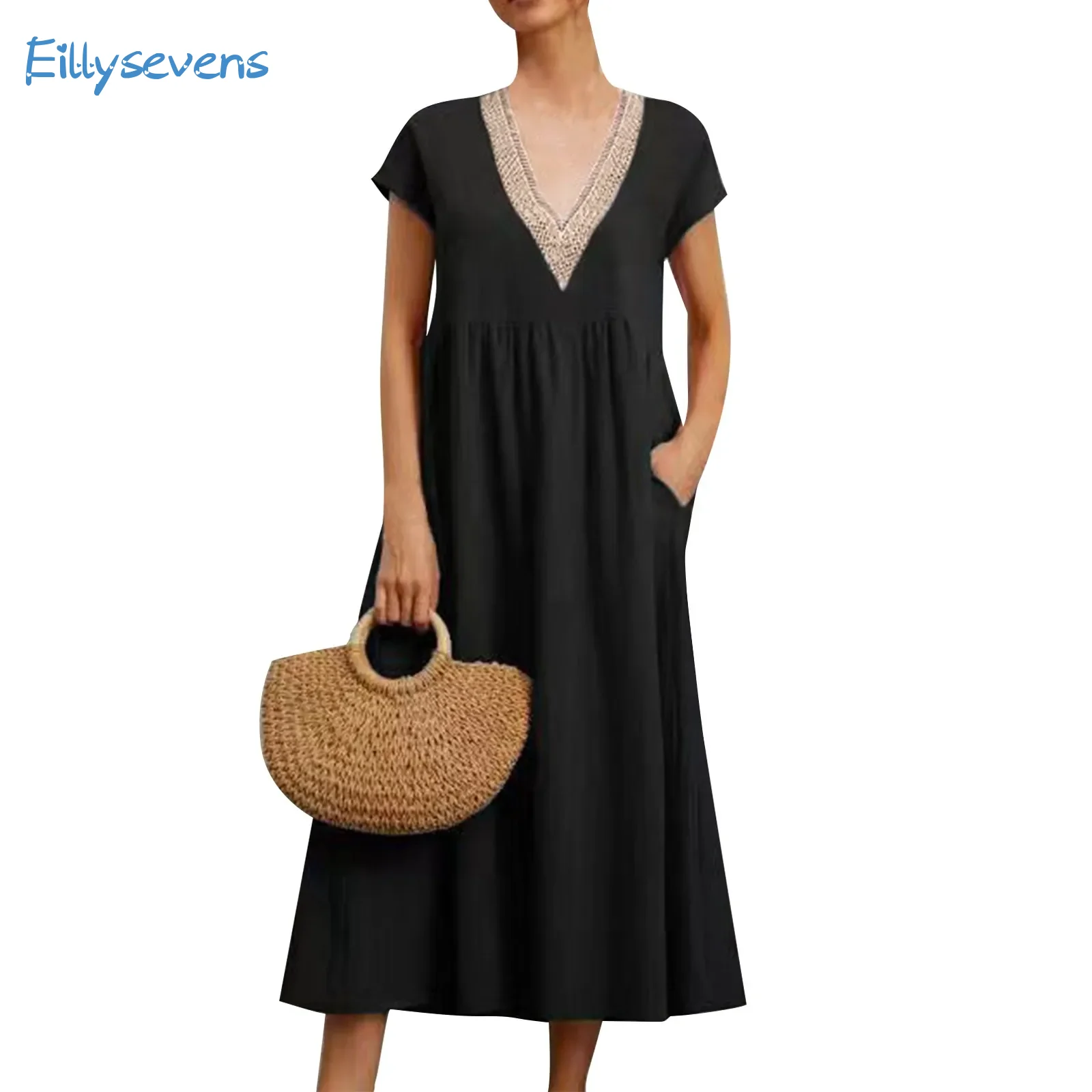 

Women'S Solid Dresses Lace Splicing V-Neck Short Sleeve Loose Cotton And Linen Dress With Pockets Daily Causal All-Match Dress