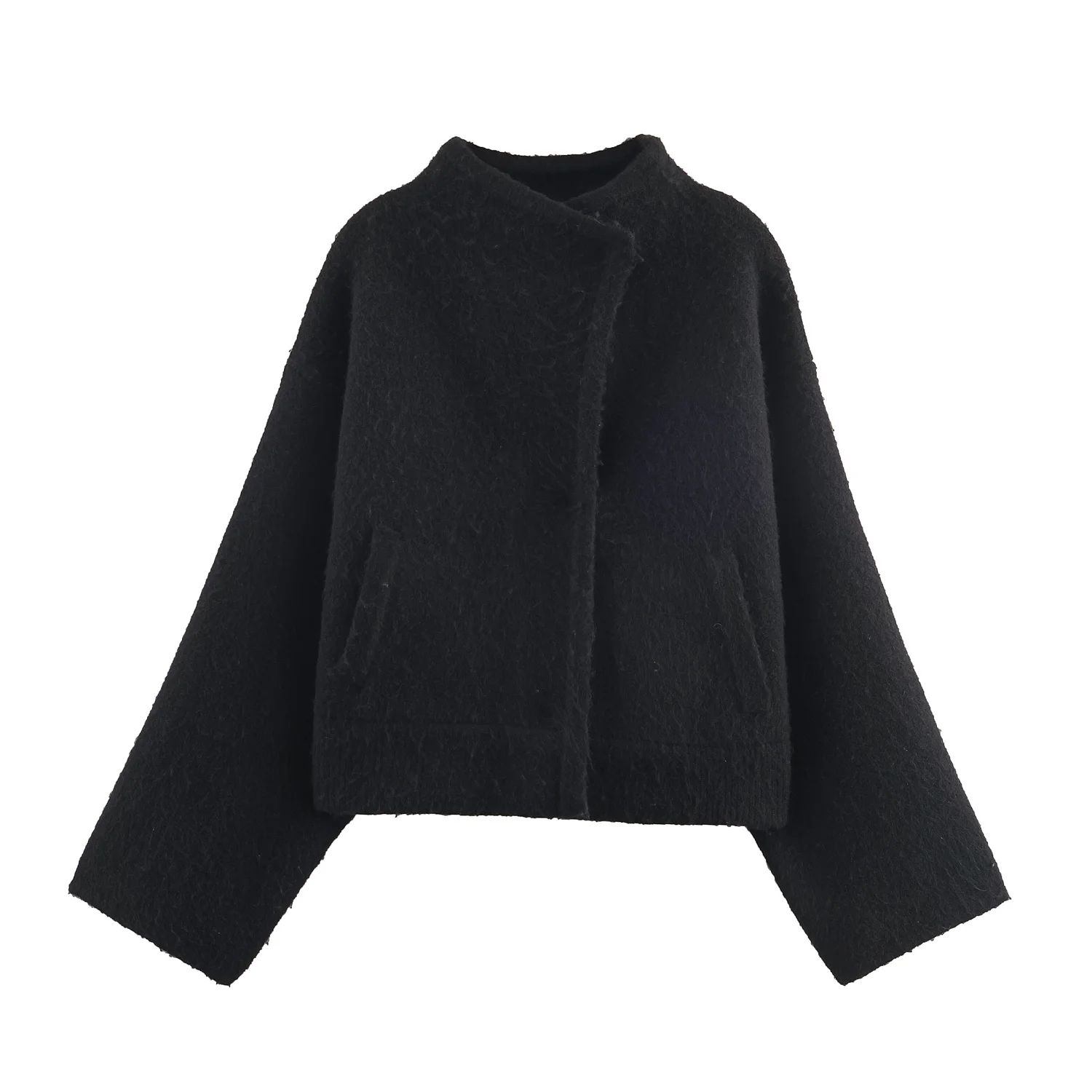 2025 Winter New Women's Casual Fashion Commuter Loose Pocket Embellished Double-Flap Knitted Bomber 