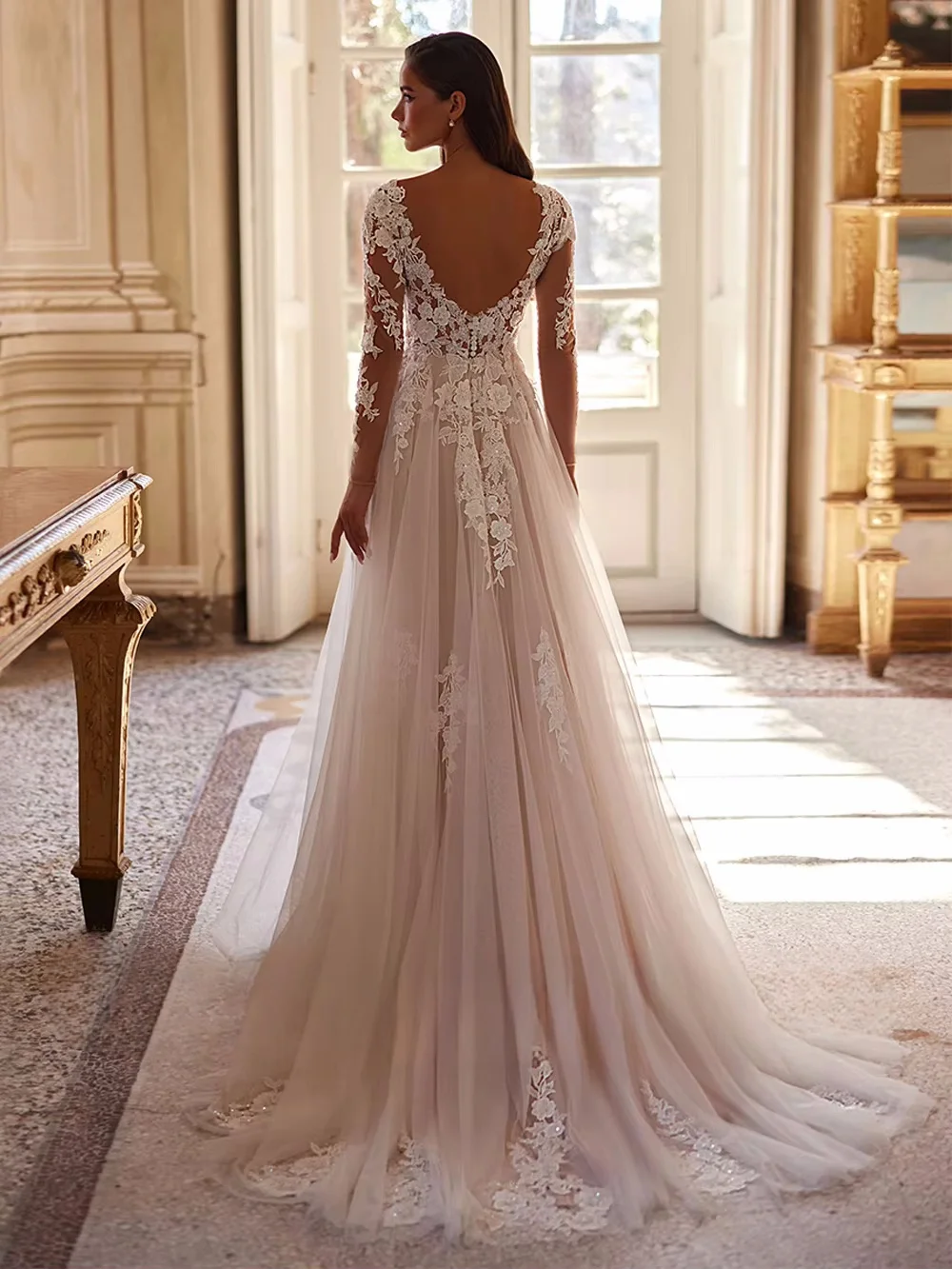 Sequined Applique Wedding Dress 2025 for Woman Bride Customized Full Sleeves Scoop Neck Soft Tulle Bridal Gown