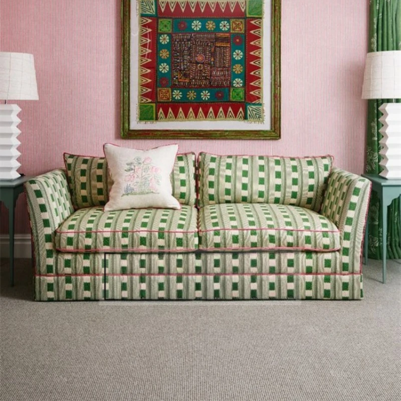 كرسي غرفة المعيشة الفرنسي القديم ذو الظهر العالي، أريكة قماشية أمريكية من القرون الوسطى باللون الأخضر منقوشة بصف مستقيم #4