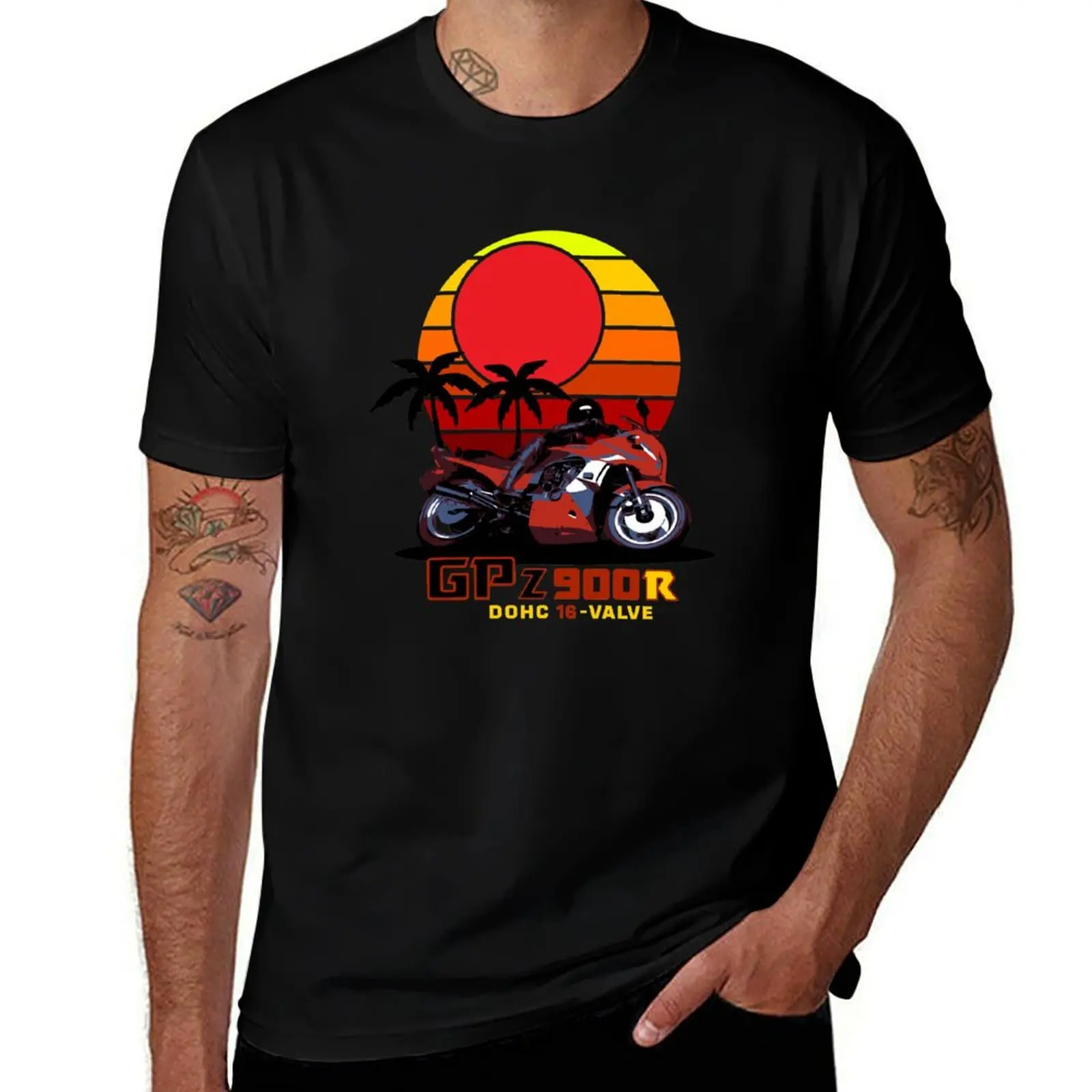 

Vintage 80’s Motorcycle rider in the tropical sunset illustration 900r Tokyo T-Shirt anime clothes men t shirts high quality