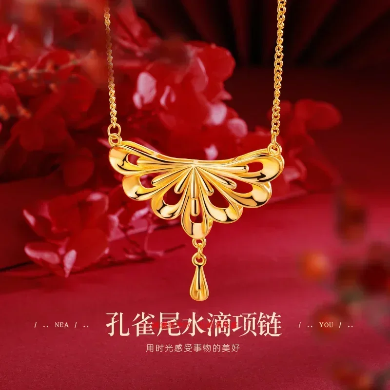 

9999 Real Gold 24K Golden Wedding Peacock Phoenix Necklace New Chinese Premium Peacock Tail Water Drop Necklace