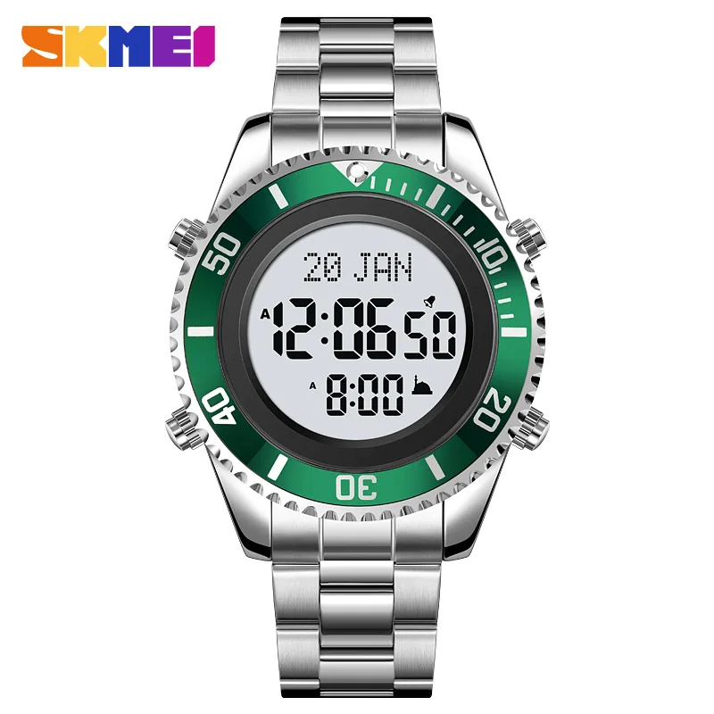 SKMEI Men's Digital Watches For Men Mens Stainless Steel Muslim Azan Prayer Compass Clock Adhan Alarm Hijri Islamic Wristwatch