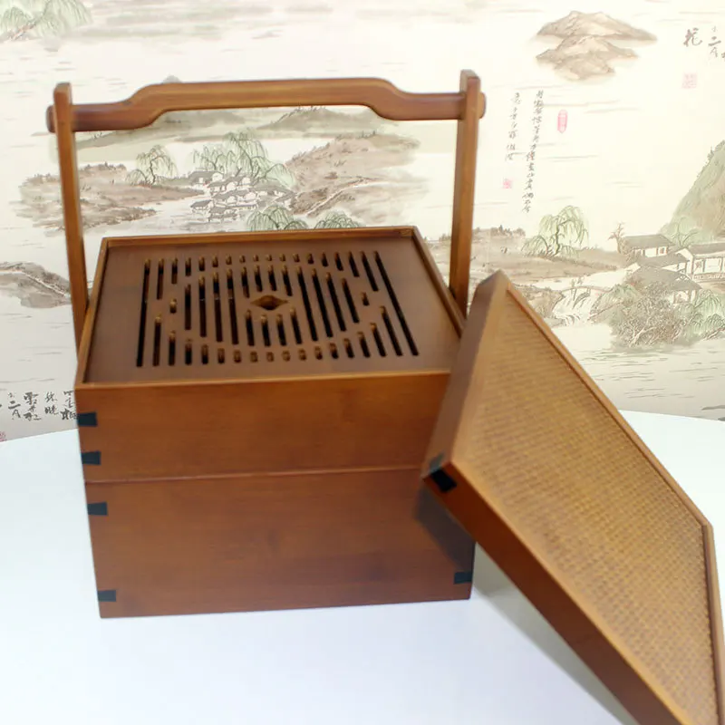 

Бамбуковая коробка для еды в стиле ретро, корзина для хранения чайного сервиза, корзина для дим-сама, фильм и телевидение, предмет для уличной съемки, чайный сервиз для хранения