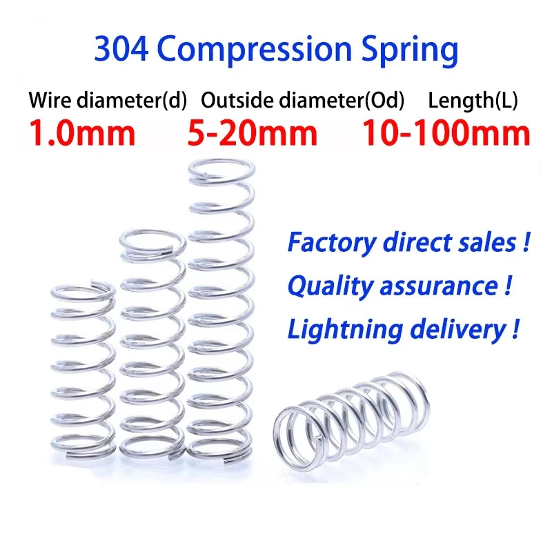 

10Pcs/Lot 1.0mm 304 Stainless Steel Micro Small Compression Spring OD: 5mm - 20mm, Length：10mm-100mm, Support Customization