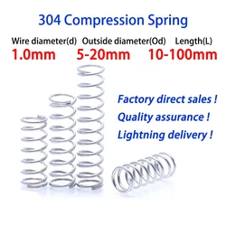 10Pcs/Lot 1.0mm 304 Stainless Steel Micro Small Compression Spring OD: 5mm - 20mm, Length：10mm-100mm, Support Customization