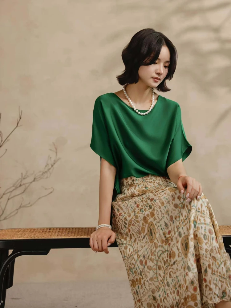 

Silk ort Sve T-irt Women's Loose Fit Lightweight Summer Casual Sle round Ne Top Ele Airy Summer Faion