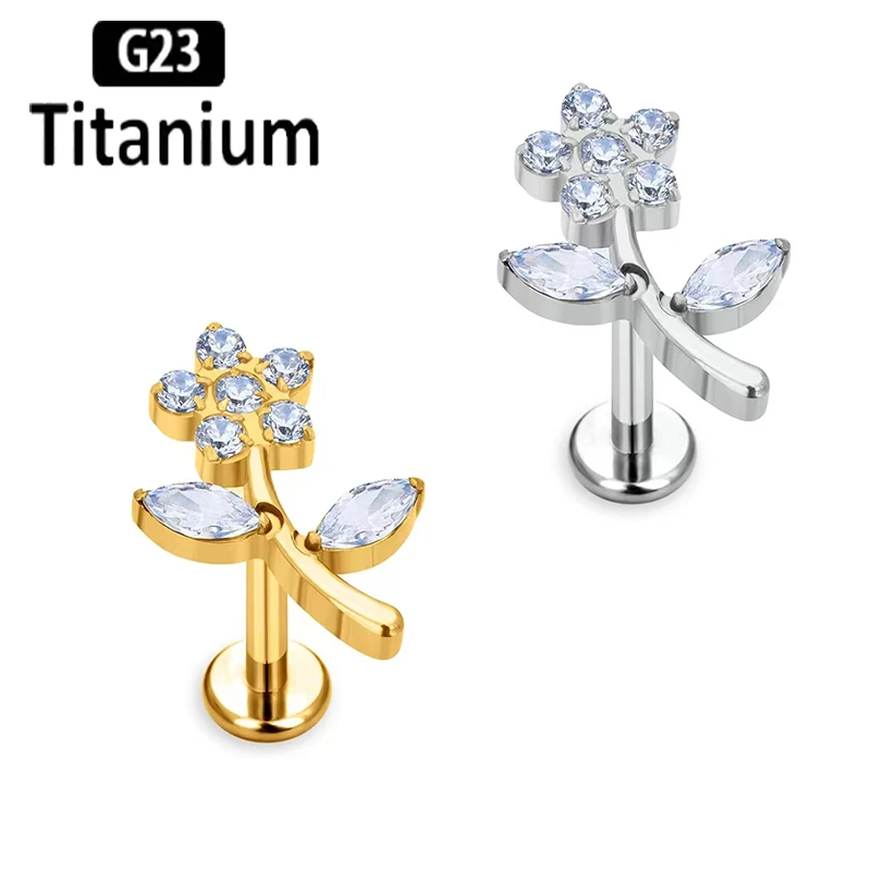 Piercing d'Oreille en Titane ASTM F136, Bijoux de Haute Qualité, Fleur CZ, Labret, Tragus, Cartilage, Conque Avant, Helix, 16G