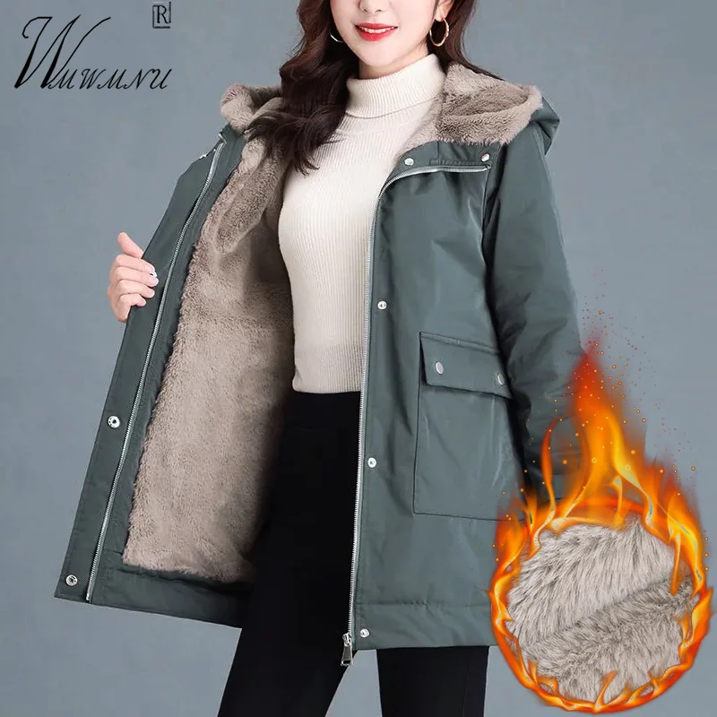 

Hooded Velvet Lined Winter Jacket Women Casual Warm Padded Coats Big Size 3xl Snow Wear Plush Parka 2024 Mid-Length Loose Abrigo