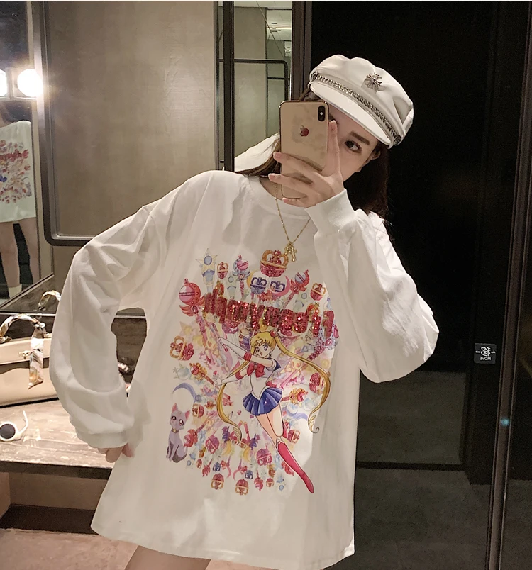 

EXJR White Loose Long Sleeve Sweatshirt Women's Spring Autumn Thin Cartoon Anime Commute Style round Neck Print T-shirt
