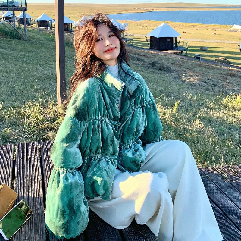 ベルベットスタンドカラーダウンジャケット レディース ショートスタイル 2025冬新作 ルーズ 無地 90%ホワイトダックダウン ブレッドジャケット