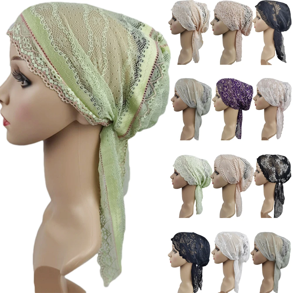 Muslim Women Head Scarf Lace Underscarf Stretch Hijab Hair Cover Headwrap Underscarf Cap Islamic Scarf Headband Bonnet Turban