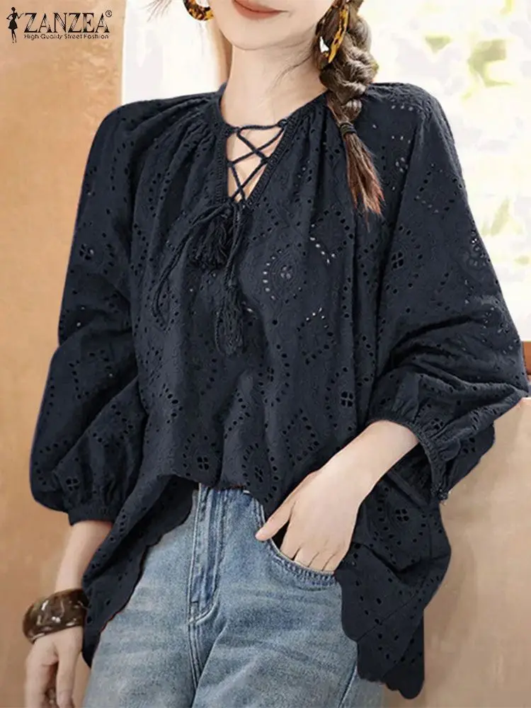 2024 ZANZEA Fashion Women V Neck 3/4 Sleeve Blouse Summer Lace Crochet Tops Elegant Embroidery Shirt Casual Holiday Blusas Tunic