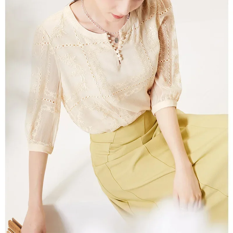 High End Heavy Silk Shirt Ten Thousands Of Needle Embroidery And Carved Hole Embroidery Women's Shirt Women's Summer Top