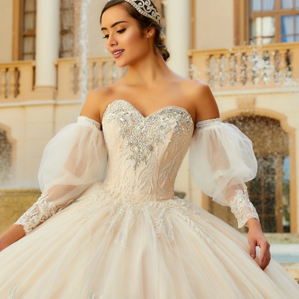 Personalizado champanhe vestido de baile quinceanera vestido querida manga longa rendas apliques miçangas doce 16 vestidos de 15 yqd213