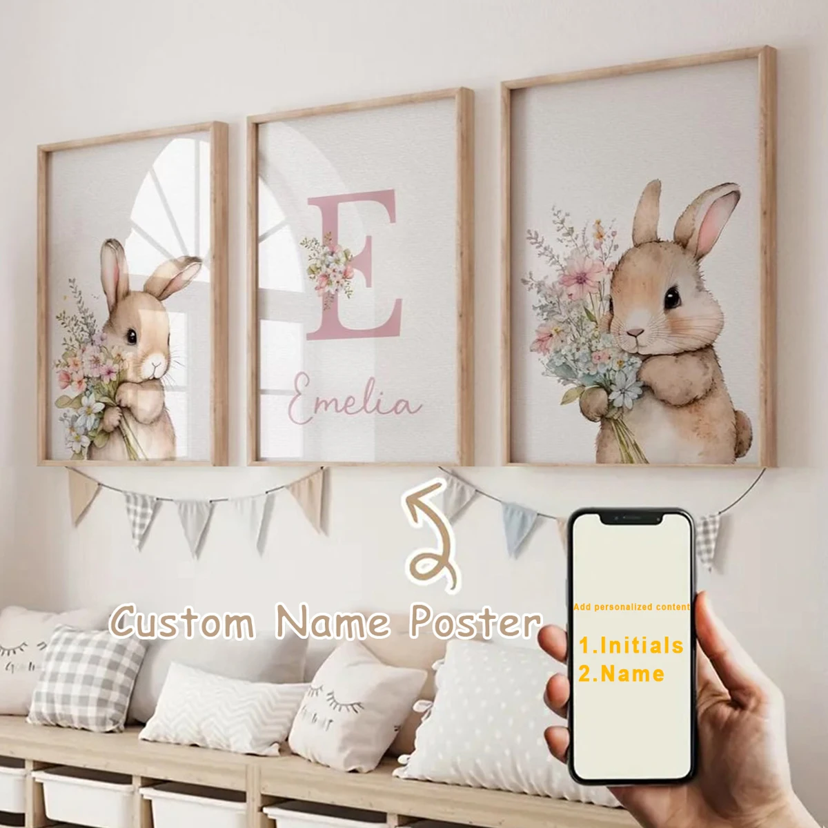 3pcs/set Custom Cartoon Bunny Personalized Name Canvas Print Easter Pink Animal Nursery Wall Poster for Baby Girl Home Decor