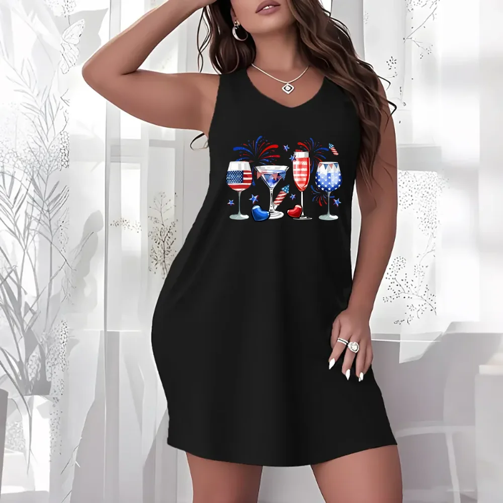 Plus Size Women Casual Sleeveless Tank Dress Patriotic USA Wine Glass Text Print Crew Neck Loose Summer 4th Of July Lounge Dress