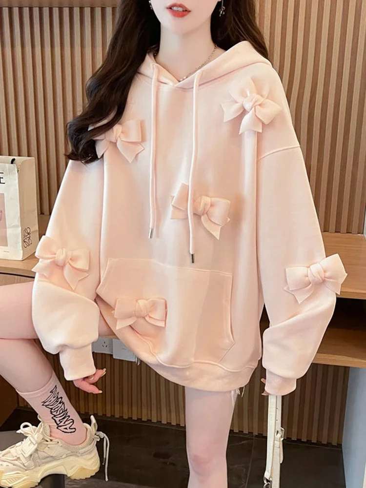 Zoki 3D Bow Sweet Hoodies Women Lazy Wind Long Sleeve Design Sweatshirts Korean Fashion Preppy Style Lady Loose High Quality Top