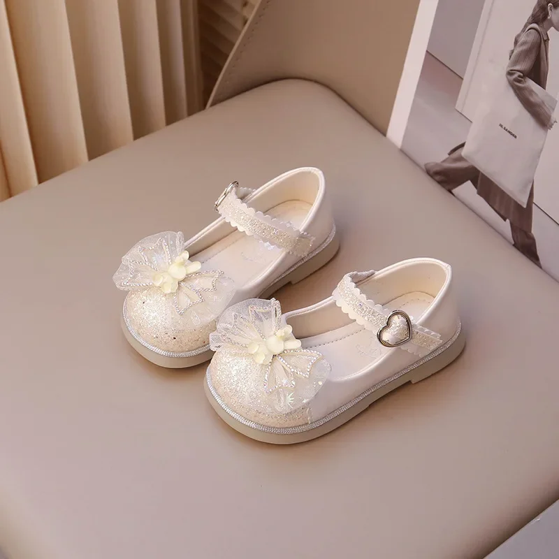 Children's Leather Shoes Elegant Glitter Girls Party Shoes Fashion Rabbit Bowtie Kids Princess Causal Sequins Dress Flat Shoes