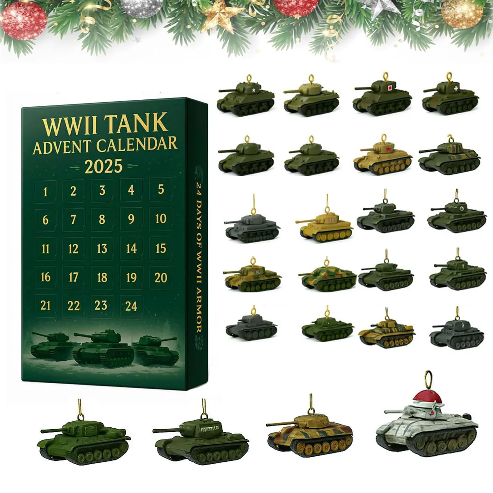 WWII Tank Advent Calendar 2025 with 24 WWII Tank Ornaments 24 Days Christmas Countdown Calendar Surprise Gifts for Collectors