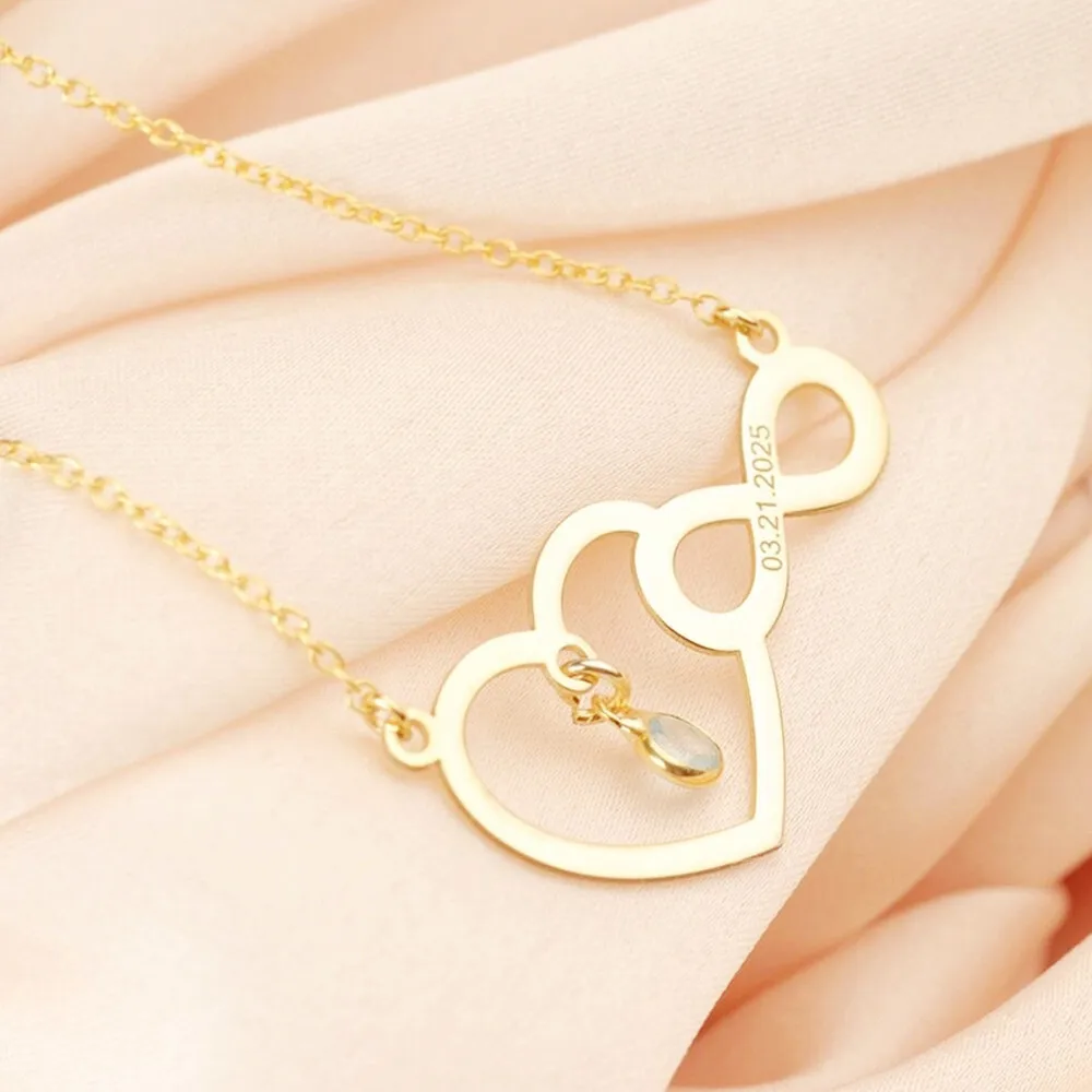 

Custom Heart Infinity Necklace For Couples Jewelry Engraved Birthstone Pendant Anniversary Valentine's Day Gift