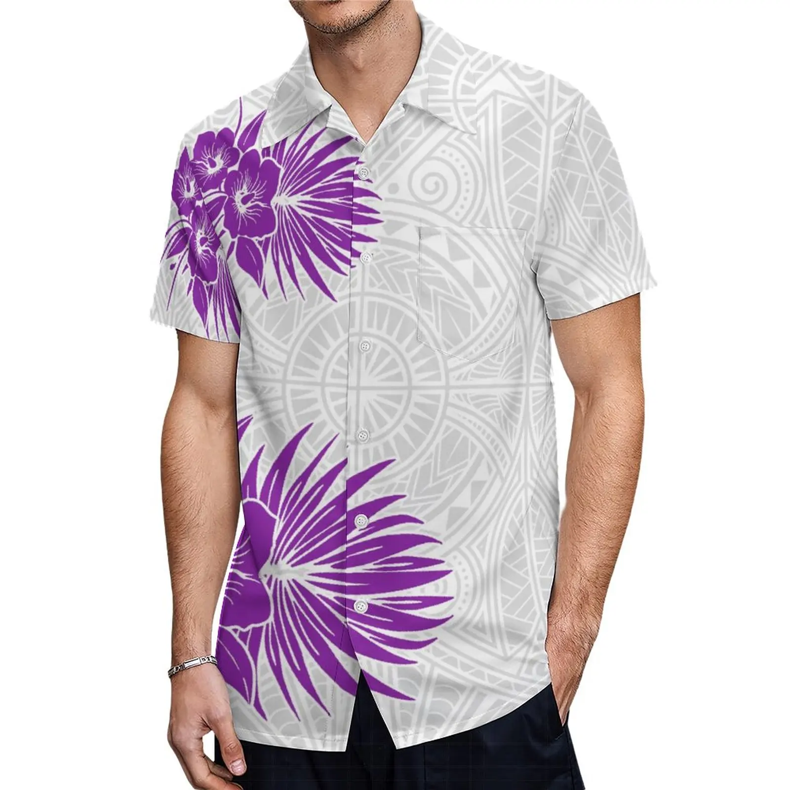 Hot Sales Summer Mens Short Sleeve Shirt Custom Polynesian White Button Shirts Plus Size Hawaiian  Men Shirts