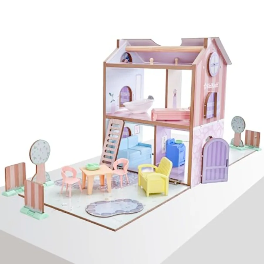 

Play Store Cottage Wooden Dollhouse with 36 Accessories: indoor play, wood, natural finish, foldable design for easy storage