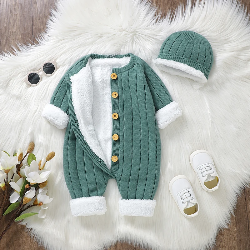 Winter Baby Romper Knitted Newborn Girl Jumpsuit Outfit Long Sleeve Infant Boy Clothes Hat 2pc Overalls 0-18M Fashion Solid Warm