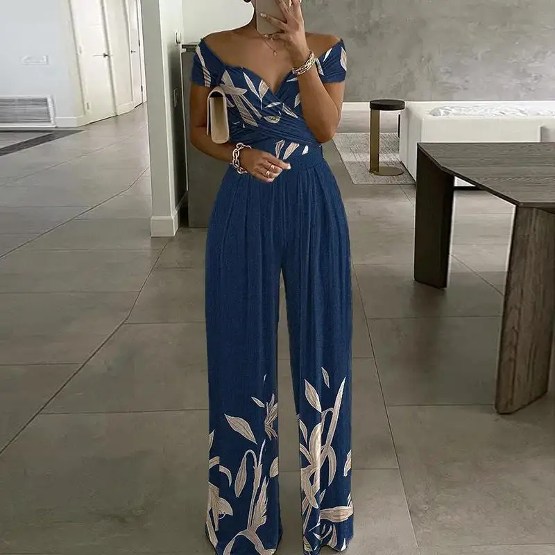 Women\'s Jumpsuits Bare Shoulder Jumpsuit Temperament Elegant Printed Loose High Waist Jumpsuit Romper Summer Casual Jumpsuits