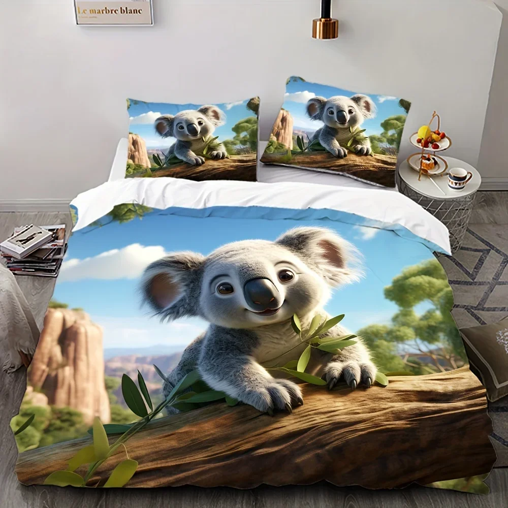 Koala Bedding Set 2/3pcs Digital Print 3D Pattern Soft Skin-Friendly Polyester Cover,Duvet Cover with Pillowcases, Animal Theme