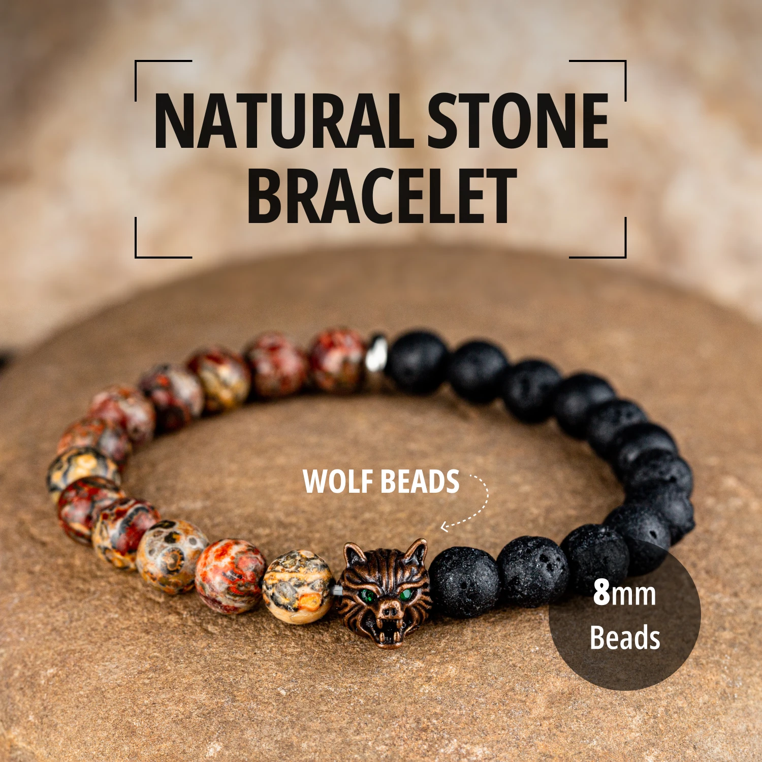 

Natural Stone Lava Beads Bracelet Wolf Head Charm Protection Bracelet for Man Women Vacation Accessories Jewelry Gift