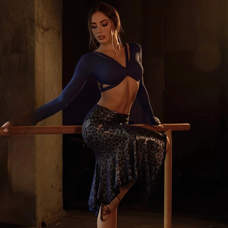 

UK Latin Dance Dress Adjustable Bustier Top with Mesh Trim Midi Skirt Elegant Practice Wear Ballroom dance costumes