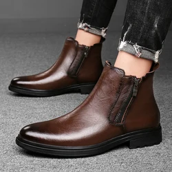 High Quality Genuine Leather Chelsea Men's Boots Pointed Low Heel Brand Men's Boots Show Business Formal High Top Leather Shoes