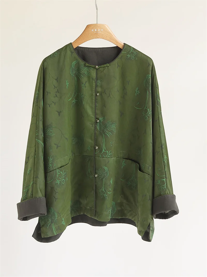 

Retro Distred Embroidered Silk Xiangyun New Chinese Sle Women's Loose Slimming Coat with kets Traditional Chinese Top