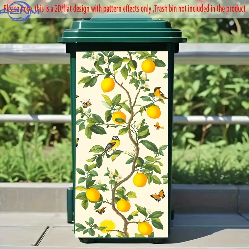 2D Flat, 1pc Lemon Tree & Birds Trash Can Sticker -  PVC Decal with Vibrant Citrus & Nature Design, Perfect for Kitchen Decor,
