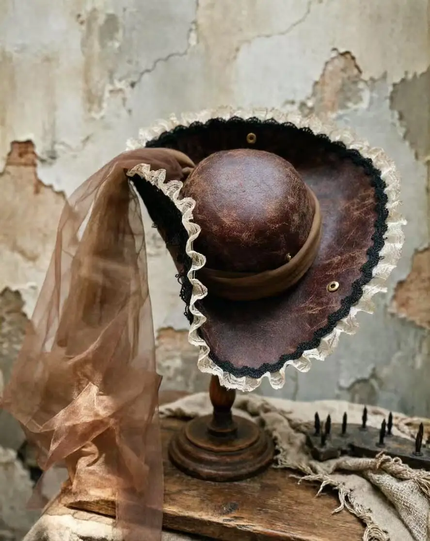 Vintage Brown Pirate Tricorn Hat Gothic Steampunk Skull Skeleton Decor Hats Retro Lace Trim Stage Party Cosplay Costume Headwear view 6